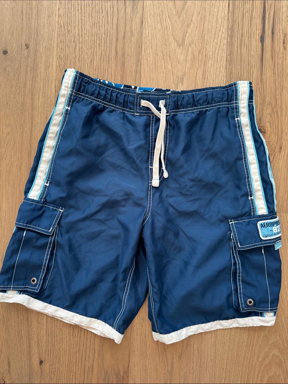 Aeropostale Y2K Mens Cargo Swim Trunks Medium Blue Pockets Drawstring Beach